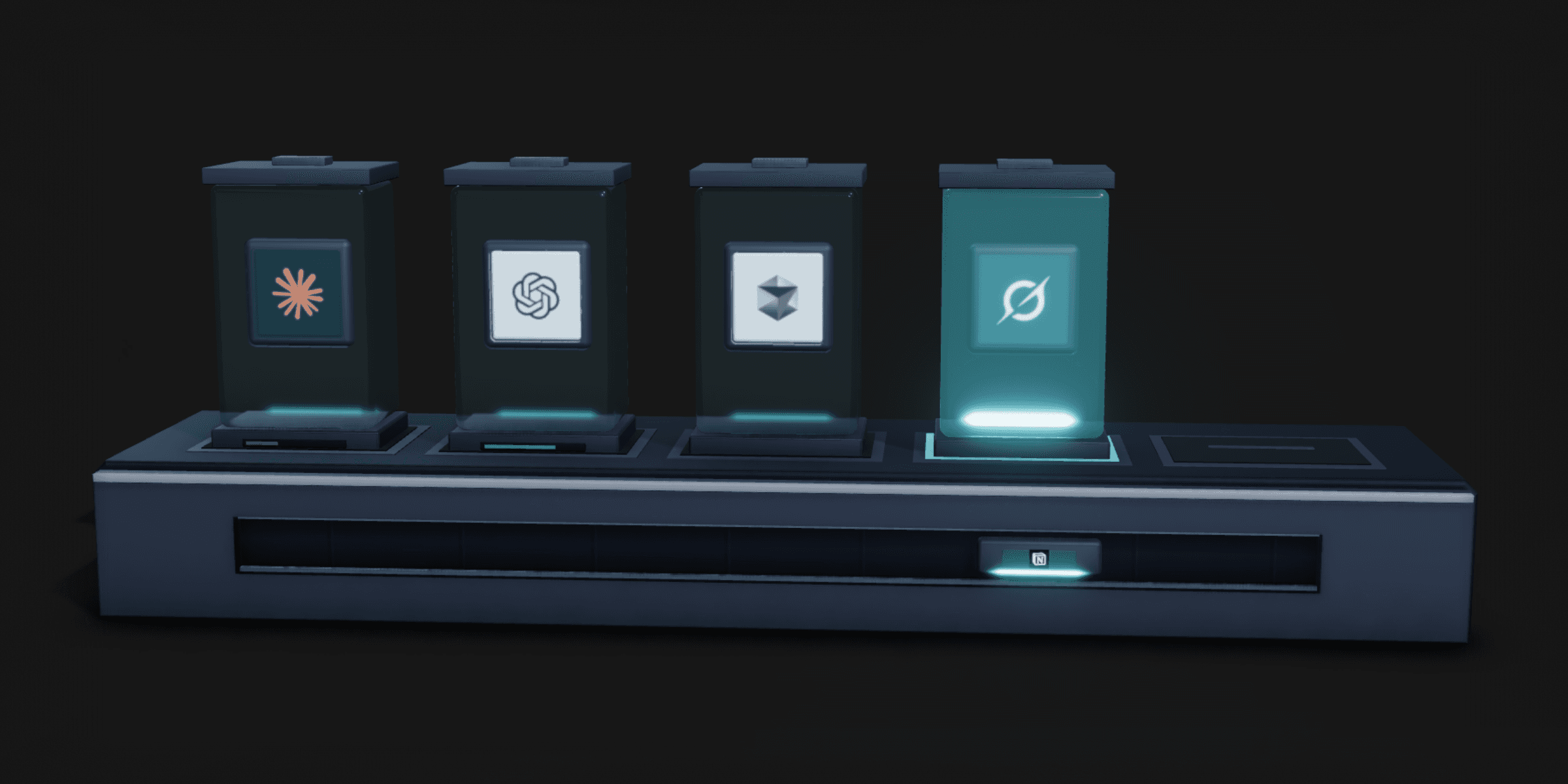 Four AI seats plugged into the top of one machined deck, with a task riding the conveyor across its front. The seat working that task is lit; the others sit dark.